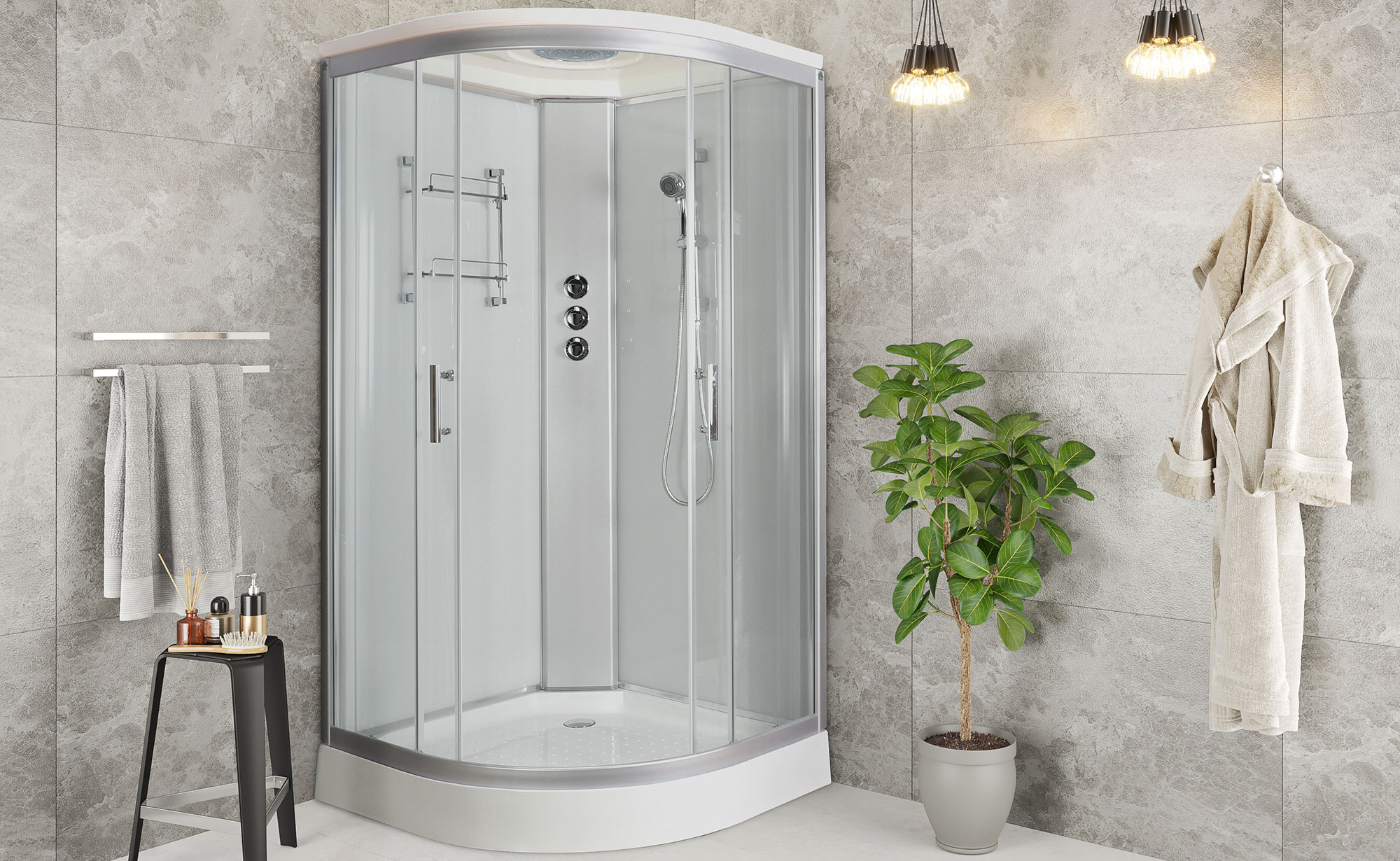 Et lyst, kompakt baderom med et 90×90 hjørnekabinett med skyvedører. Klart sikkerhetsglass, sorte profiler og lav innstigning. 