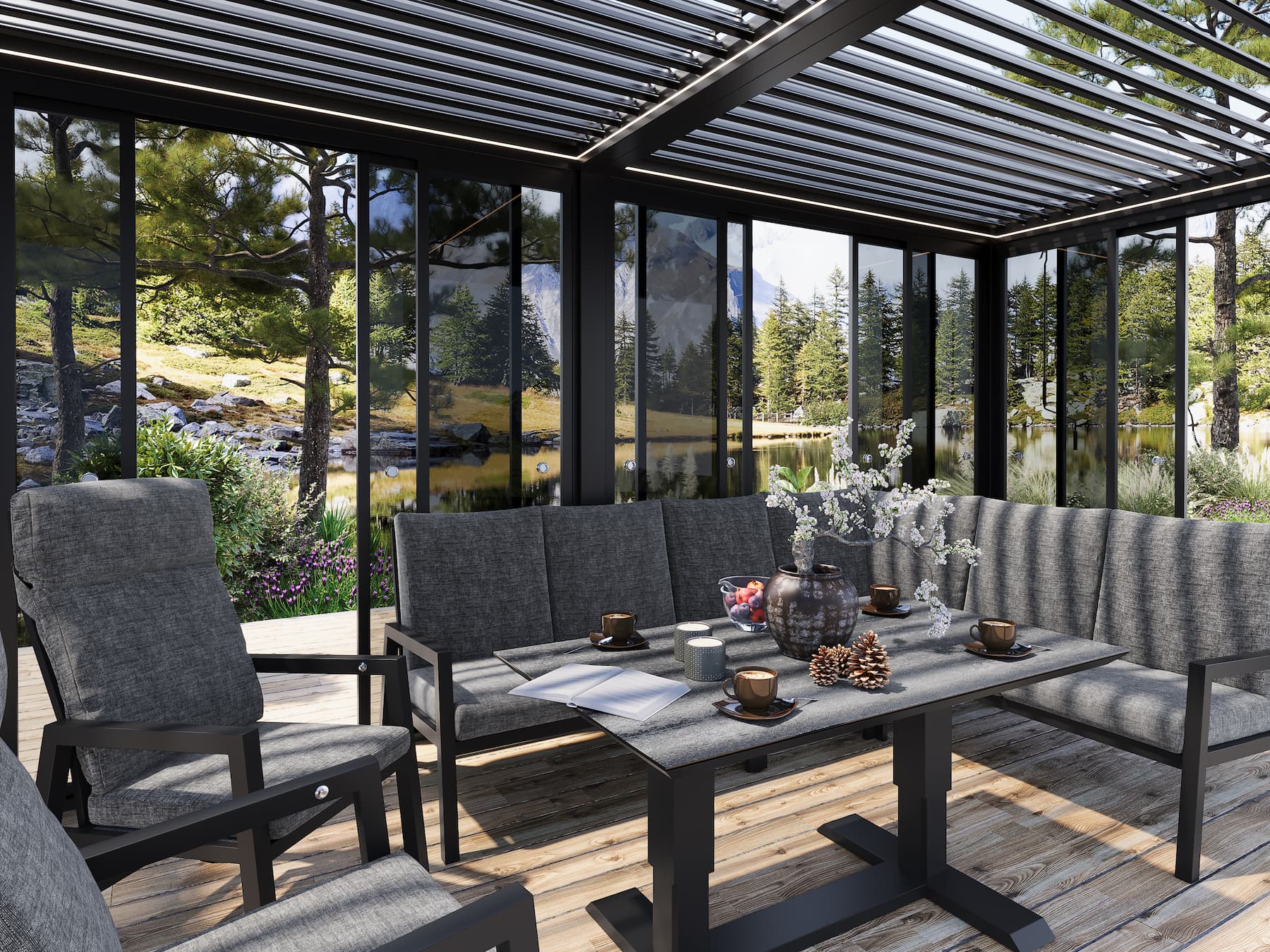Moderne Sparmax-pergola med lamelltak og glassvegger, plassert på en terrasse med utemøbler