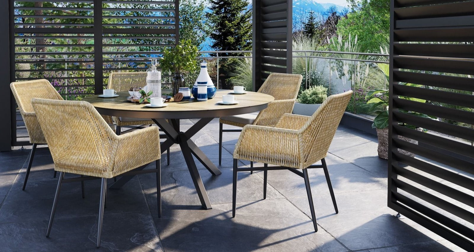 Villa - Rund spisegruppe 120 cm med 5 trådstoler i natur