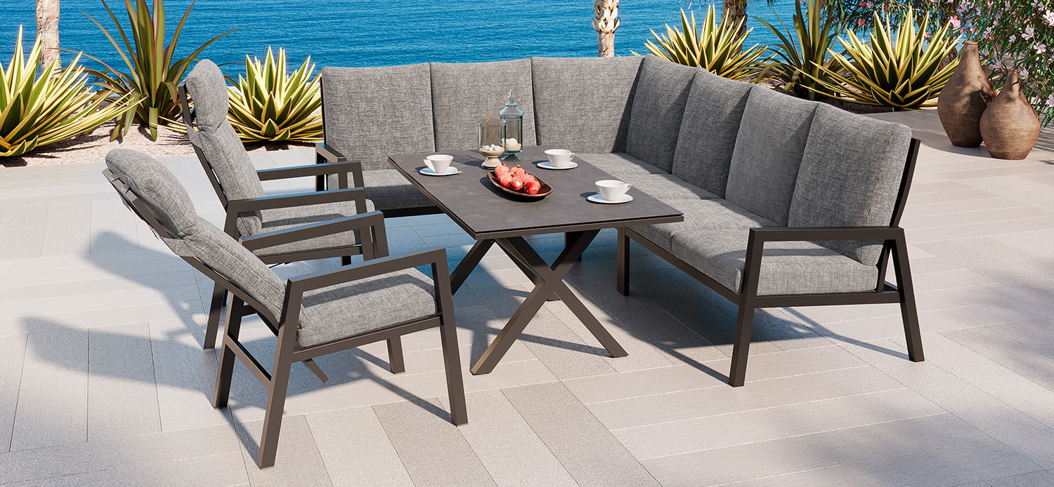 Jamaica hjørnesofa 2C3/3C2 m/spisebord og 2 reclinerstoler, i antrasitt aluminium